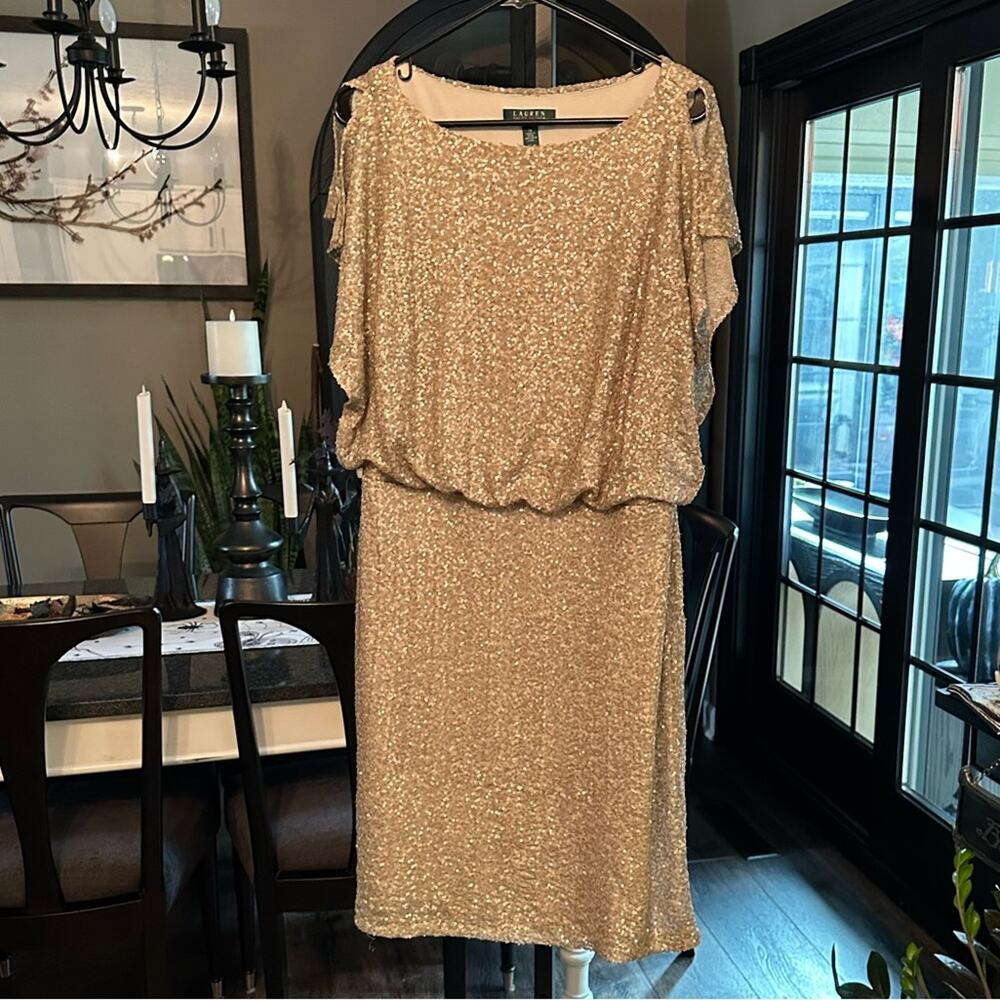 Ralph Lauren Vintage Midi Flutter Sleeve Champagne Beige Gold Sequin Dress 14 - Picture 2 of 8